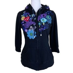INC Y2K Ed Hardy Style Peace & Love Hippie Floral Embroidery Hoodie Black S